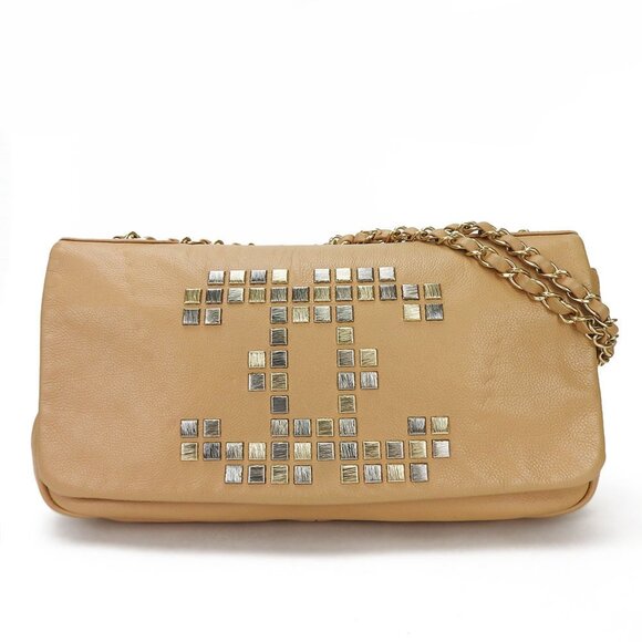 CHANEL Chain Shoulder Bag Beige Coco Mark Studs Leather 1 Beige - Picture 1 of 12